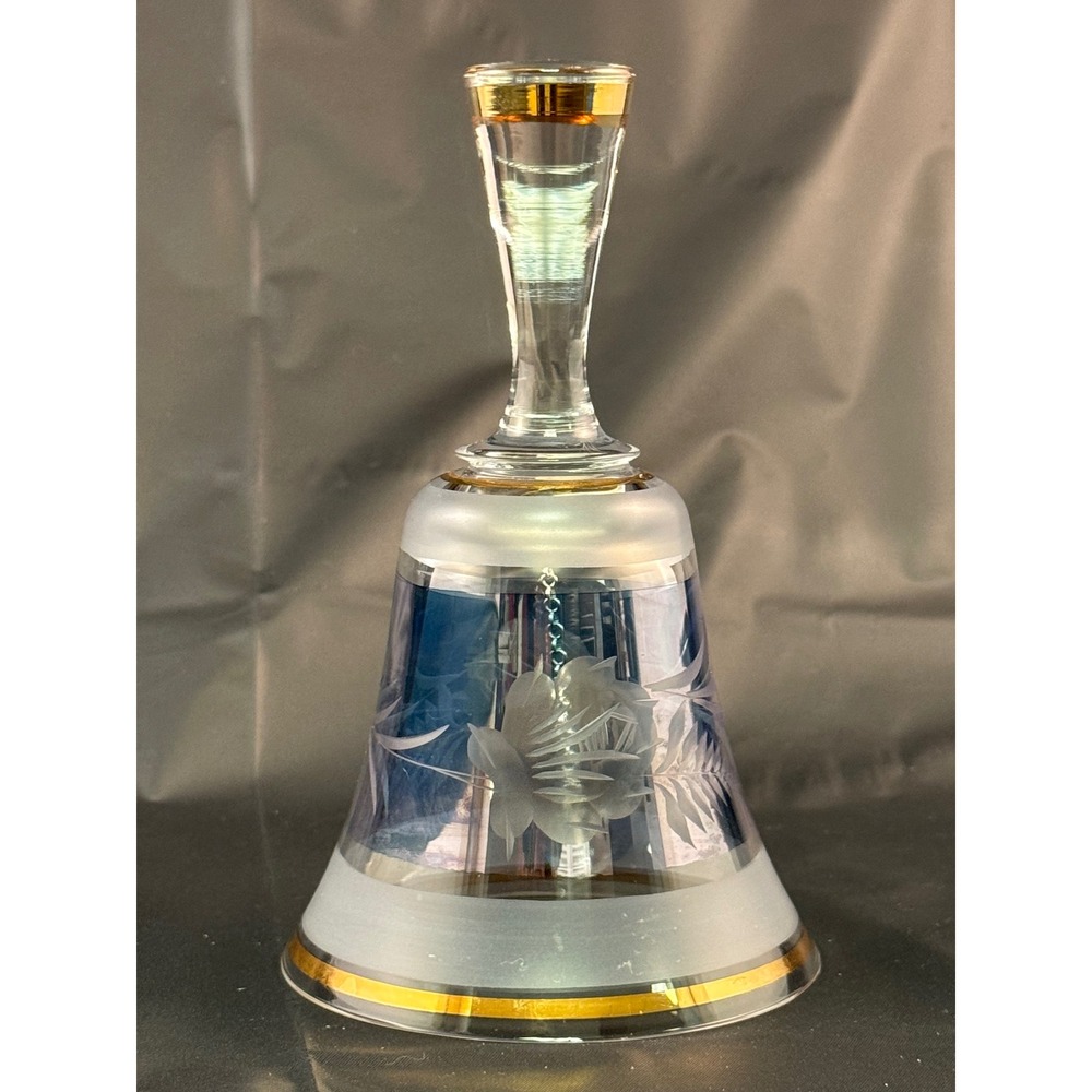 Vintage Bohemia Glass Cobalt Blue Frosted Crystal Bell Gold Trim Floral Etched